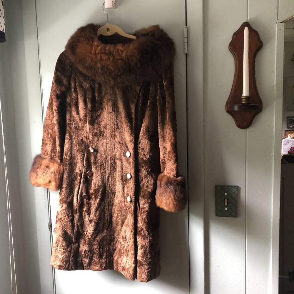 VTG Juniors Coat Fur Trim Velvet Brown Tanganika